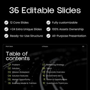Puede incluir: Una diapositiva de presentaci&oacute;n negra con el texto "36 Diapositivas Editables" en blanco. La diapositiva incluye vi&ntilde;etas que enumeran caracter&iacute;sticas como "12 Diapositivas principales" y "Totalmente personalizable". Tambi&eacute;n es visible una tabla de contenido.