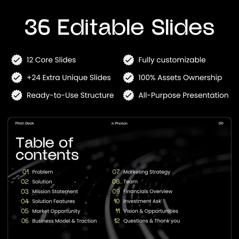 Puede incluir: Una diapositiva de presentaci&oacute;n negra con el texto "36 Diapositivas Editables" en blanco. La diapositiva incluye vi&ntilde;etas que enumeran caracter&iacute;sticas como "12 Diapositivas principales" y "Totalmente personalizable". Tambi&eacute;n es visible una tabla de contenido.