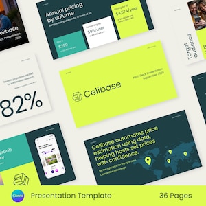 May include: A presentation template for Celibase, a software that automates price estimation using data. The template features a green and yellow color scheme with a world map and the text "Celibase automates price estimation using data, helping hosts set prices with confidence." The template also includes a section on annual pricing by volume and a target audience section.