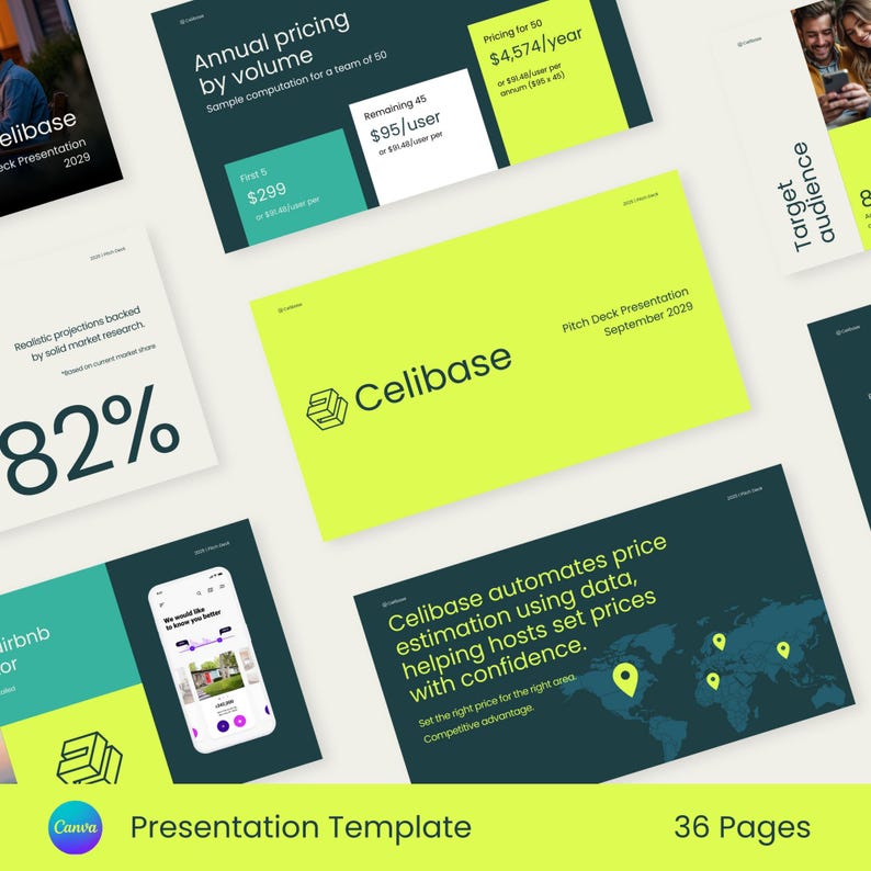 Puede incluir: Una plantilla de presentaci&oacute;n para Celibase, un software que automatiza la estimaci&oacute;n de precios utilizando datos. La plantilla presenta un esquema de color verde y amarillo con un mapa del mundo y el texto "Celibase automatiza la estimaci&oacute;n de precios utilizando datos, ayudando a los anfitriones a establecer precios con confianza." La plantilla tambi&eacute;n incluye una secci&oacute;n sobre la fijaci&oacute;n de precios anual por volumen y una secci&oacute;n sobre el p&uacute;blico objetivo.