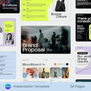 Puede incluir: Una plantilla de presentación moderna titulada "Brand Proposal". El diseño presenta varias secciones con texto e imágenes. El logotipo de Canva es visible en la parte inferior y la presentación tiene 36 páginas. El diseño general es limpio y contemporáneo.