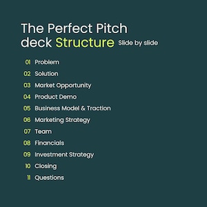 Puede incluir: Una lista de 11 pasos para crear una presentaci&oacute;n perfecta, que incluye el problema, la soluci&oacute;n, la oportunidad de mercado, la demostraci&oacute;n del producto, el modelo de negocio y la tracci&oacute;n, la estrategia de marketing, el equipo, las finanzas, la estrategia de inversi&oacute;n, el cierre y las preguntas.