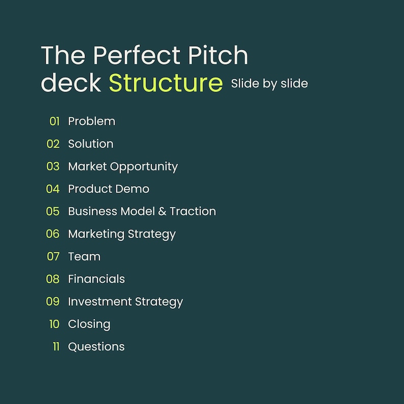 Puede incluir: Una lista de 11 pasos para crear una presentaci&oacute;n perfecta, que incluye el problema, la soluci&oacute;n, la oportunidad de mercado, la demostraci&oacute;n del producto, el modelo de negocio y la tracci&oacute;n, la estrategia de marketing, el equipo, las finanzas, la estrategia de inversi&oacute;n, el cierre y las preguntas.