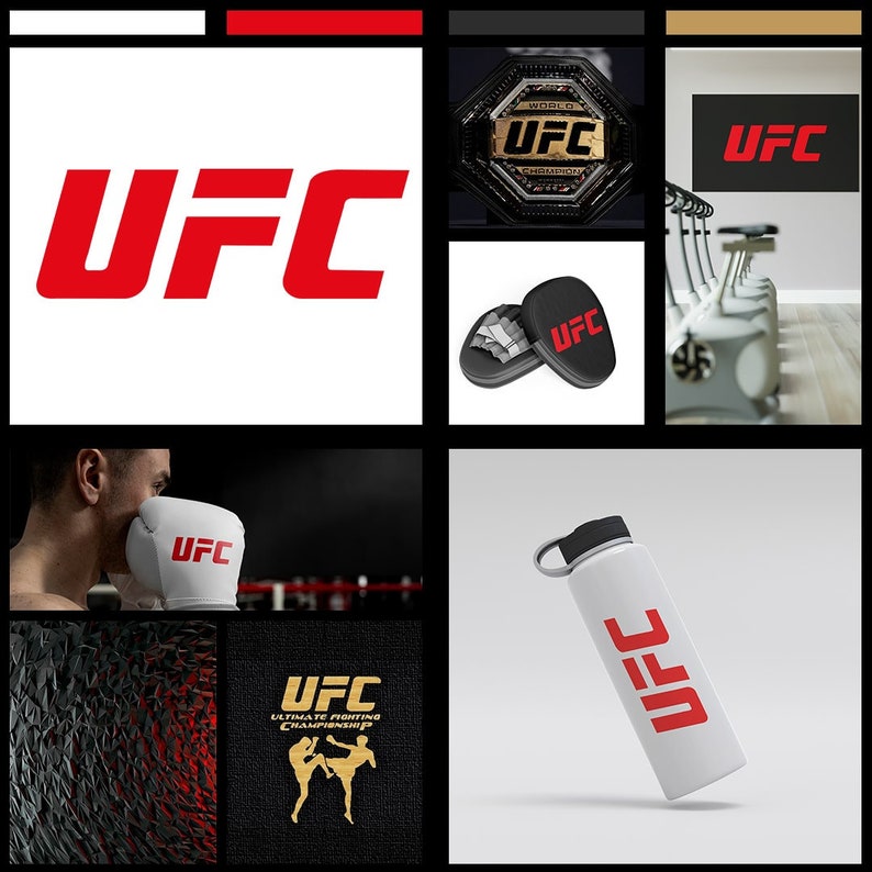 May include: A collage of images featuring the UFC logo in various forms, including a championship belt, a water bottle, a boxing glove, and a graphic design. The UFC logo is red and white.
