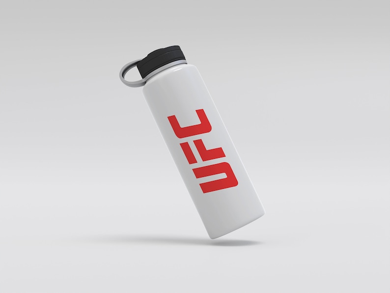 May include: White water bottle with a black lid and a red UFC logo.