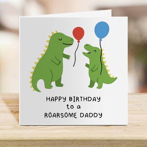 Happy Birthday Daddy Card – ontwerp brullende dinosaurus – leuke dino-verjaardagskaart van kinderen – grappige ballonkaart voor papa