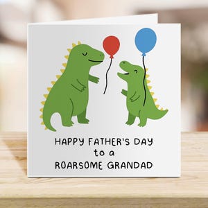Fröhliche Vatertags-Opa-Karte – brüllendes Dinosaurier-Design von Enkelkindern – Lustige Opa-Karte mit Luftballons – süßer Dino-Gruß