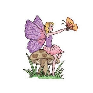 May include: A purple-winged fairy with blonde hair sits on a brown mushroom with white spots. She is reaching out to a bright orange butterfly.
