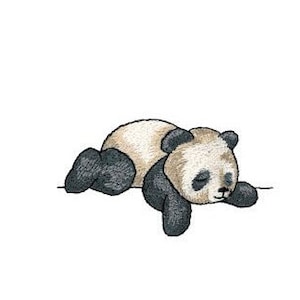 Może przedstawiać: Czarno-biały panda leżący na boku z głową opartą na łapach. Panda patrzy w lewo.