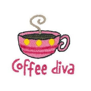 May include: Pink coffee cup with yellow dots and steam coming out of the top. The text "coffee diva" is written below the cup.