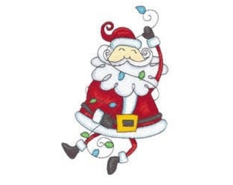 May include: A cartoon illustration of Santa Claus in a red suit with white trim, a white beard, and a red hat. He is holding a string of lights and smiling.