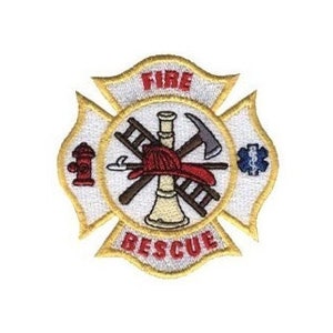 May include: A white embroidered patch with a gold outline in the shape of a four-pointed star. The star has the words "FIRE" and "RESCUE" at the top and bottom, respectively. Inside the star are images of a fire hydrant, a fireman's helmet, an axe, a ladder, and a trumpet.