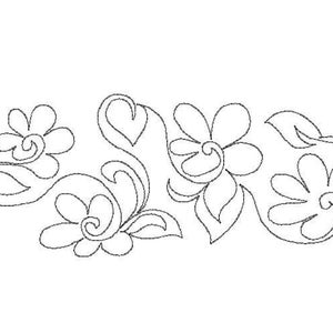 May include: A black and white line drawing of a floral design with three flowers and leaves.