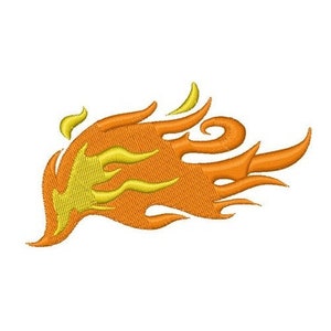 May include: A stylized orange and yellow flame design. The flame is pointing to the right.