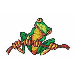 May include: A green and yellow frog with orange spots sits on a green branch. The frog has large, black eyes and a wide smile.