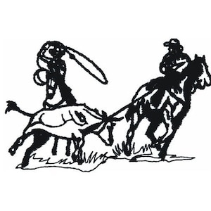 May include: Black and white line drawing of two cowboys riding horses. One cowboy is lassoing a steer, while the other cowboy is riding a horse in the background.