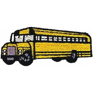 May include: A yellow school bus with black outlines and a purple tinted windshield. The bus has a black door and black wheels.