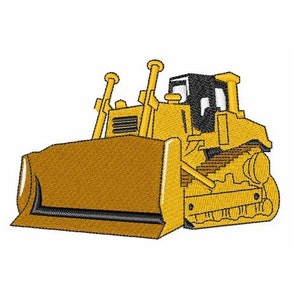 Op de afbeelding: Een gele bulldozer met een zwarte cabine en een grote schep. De bulldozer staat op een witte achtergrond.