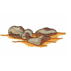 May include: Embroidered design of several stones in shades of gray and brown, resting on a bed of tan-colored grass. The stones have a textured appearance, with detailed stitching creating a realistic effect. The artwork is set against a white background.