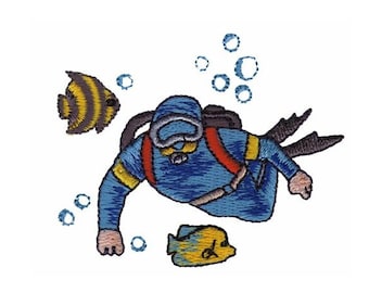 May include: An embroidered patch of a scuba diver in a blue wetsuit with a yellow and red tank, swimming with two yellow and black fish. The diver is surrounded by blue bubbles.