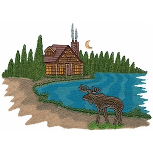 Log Cabin And Moose Scene - Machine Embroidery Design