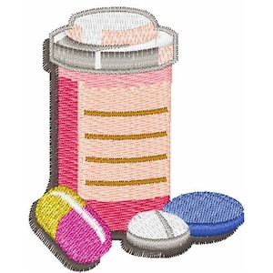 May include: A pink pill bottle with a white lid and gold lines. There are three pills next to the bottle: one pink and yellow, one white, and one blue.