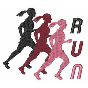 Puede incluir: Tres siluetas de corredores en negro, granate y rosa, corriendo en línea. La palabra "RUN" está escrita verticalmente en negro, granate y rosa a la derecha de los corredores.