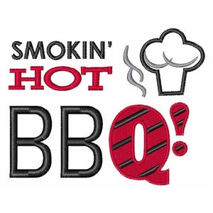 May include: Black and red embroidery design with the text "Smokin' Hot BBQ!" and a chef's hat with steam coming out of it.