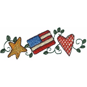 May include: A red, white, and blue American flag, a yellow star, and a red and white heart are embroidered on a green vine.