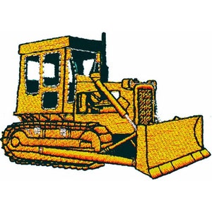 Op de afbeelding: Gele geborduurde patch van een bulldozer met een zwarte cabine en een gele blad.