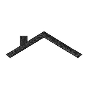 May include: A black silhouette of a house with a chimney. The house is a simple geometric shape with a pointed roof.