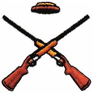 May include: A pair of crossed orange and black rifles with a small orange and yellow hat above them.