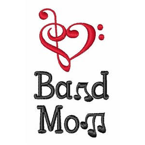 May include: A red treble clef heart with the text "Band Mom" in black below it.