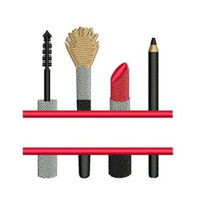 Peut inclure: Un ensemble de quatre outils de maquillage, comprenant un mascara, un pinceau à maquillage, un rouge à lèvres et un crayon eyeliner noir, sont disposés sur une étagère rouge.