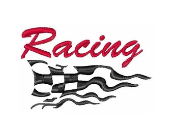 Pode incluir: Texto bordado em vermelho "Racing" acima de uma bandeira xadrez preta e branca com chamas saindo da parte inferior.
