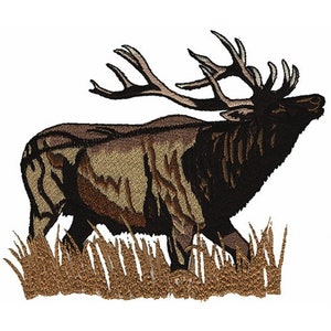 May include: An embroidered patch of a brown and black elk with large antlers standing in tall brown grass.