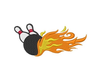 May include: A black bowling ball with two white and red bowling pins on top, with a yellow and orange flame design behind it.