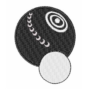 以下が含まれることがあります： 白と黒のボーリングボールで、白い円形のデザインが施されています。ボールは、より小さい白いボールの隣にあります。