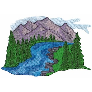 May include: Embroidered design of a mountain range with a river flowing through a valley. The mountains are purple, the river is blue, and the trees are green.