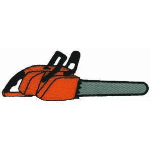 May include: An orange and black chainsaw with a gray blade. The chainsaw is a common tool used for cutting wood.