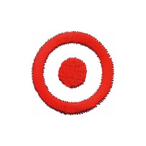 May include: Red embroidered circle with a smaller red circle in the center.
