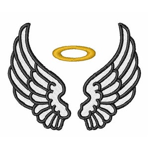 Puede incluir: Alas de ángel blancas con contornos negros y un halo dorado sobre ellas.