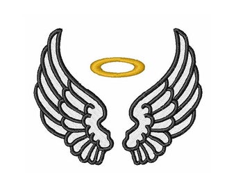 May include: White angel wings with black outlines and a gold halo above them.