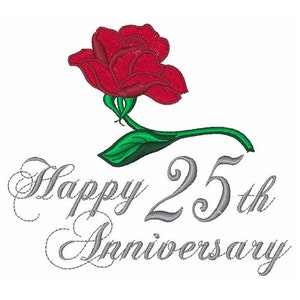 May include: A red rose with green leaves and a stem, with the text "Happy 25th Anniversary" in silver cursive lettering.