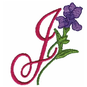 Può includere: Una lettera "J" corsiva rosa con un fiore viola e uno stelo verde.