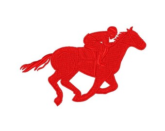 May include: A red silhouette of a horse and rider running. The horse is in a gallop with its legs extended. The rider is wearing a helmet and is leaning forward.