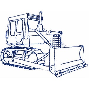 May include: A blue line drawing of a bulldozer with a large blade. The bulldozer has a cab with a window and a large track system.
