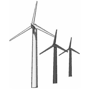 Puede incluir: Una ilustración en blanco y negro de tres aerogeneradores. Los aerogeneradores son altos y delgados con tres aspas cada uno. Las aspas están inclinadas en diferentes posiciones, lo que sugiere movimiento.