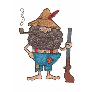 Könnte beinhalten: Eine Cartoon-Illustration eines bärtigen Mannes, der einen Strohhut mit Feder, Latzhose und ein Gewehr trägt. Er raucht eine Pfeife und hat einen schelmischen Gesichtsausdruck.