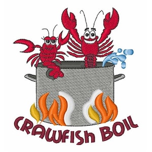 May include: Two red cartoon crawfish are in a gray pot with flames underneath. The text "Crawfish Boil" is below the pot.